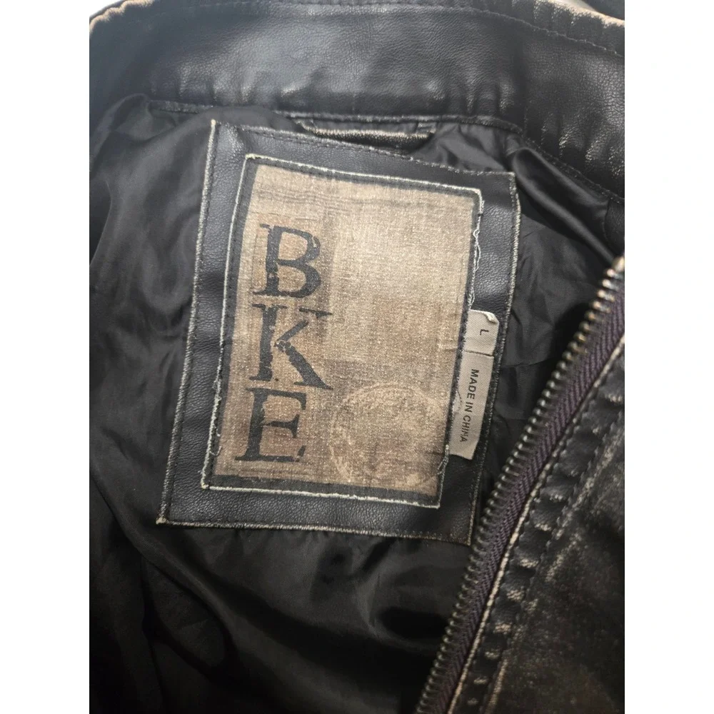 BKE Mens Black Faux Leather Cafe Racer Moto Jacket‎ Distressed Large